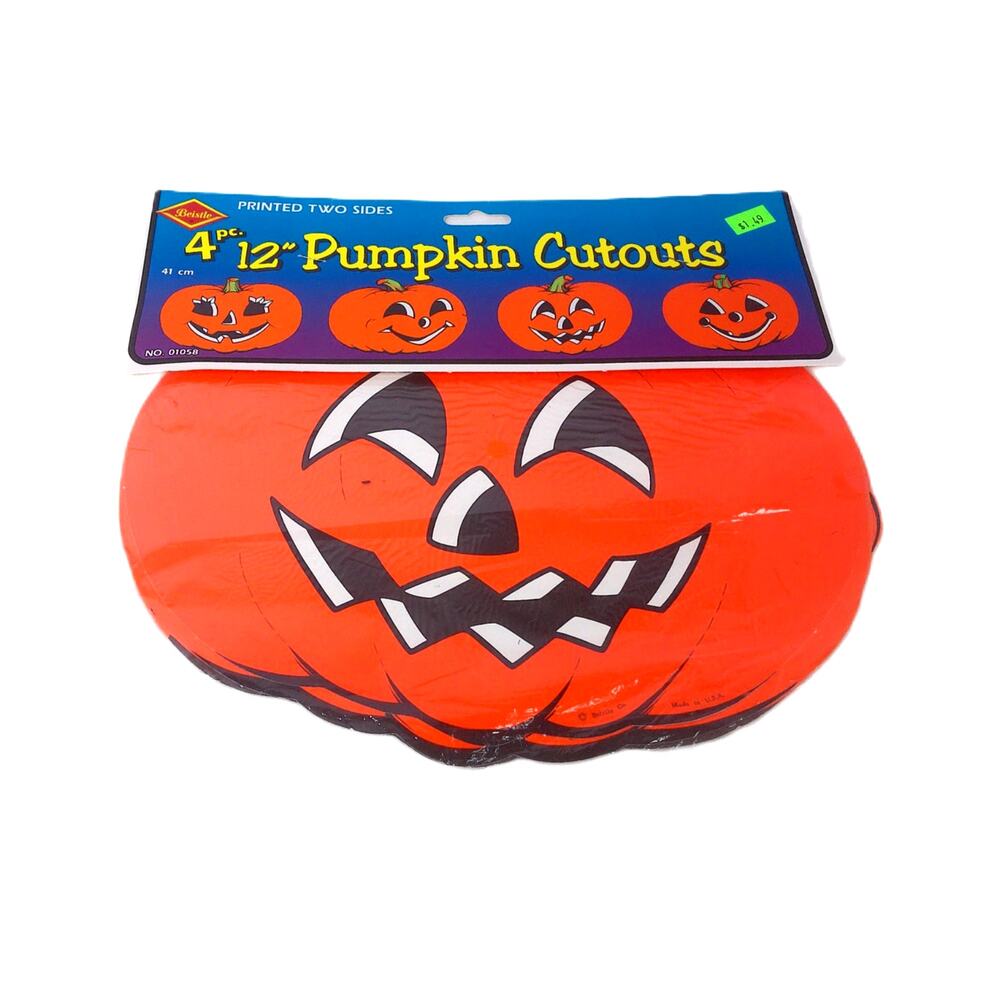 Vintage 1990 Beistle Halloween Double Sided Die Cut 12" Pumpkin 4 Piece New